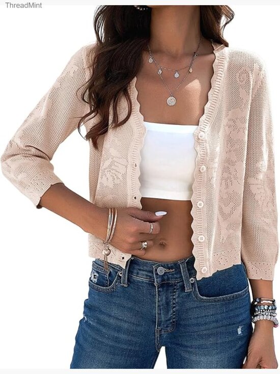 Sweaters - Cropped Cardigan Sweater Lightweight 3/4 Sleeve Button Down Crochet Shrug Top